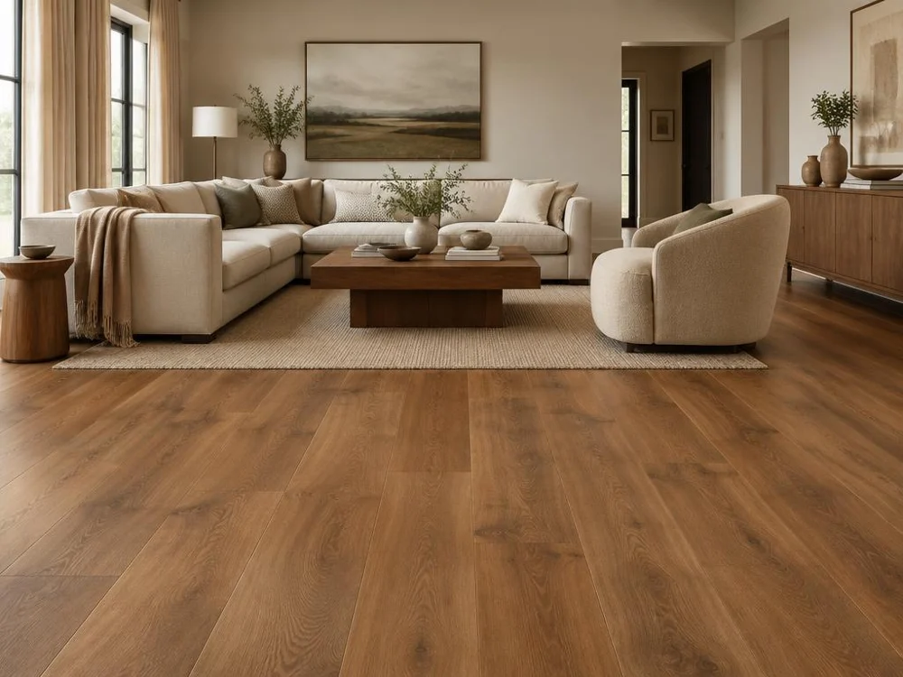 Residential room scene showing Pinnacle luxury vinyl plank in the Depth color.