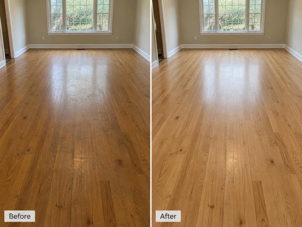 Side-by-side illustrative comparison of worn and refinished oak hardwood flooring in the same room.