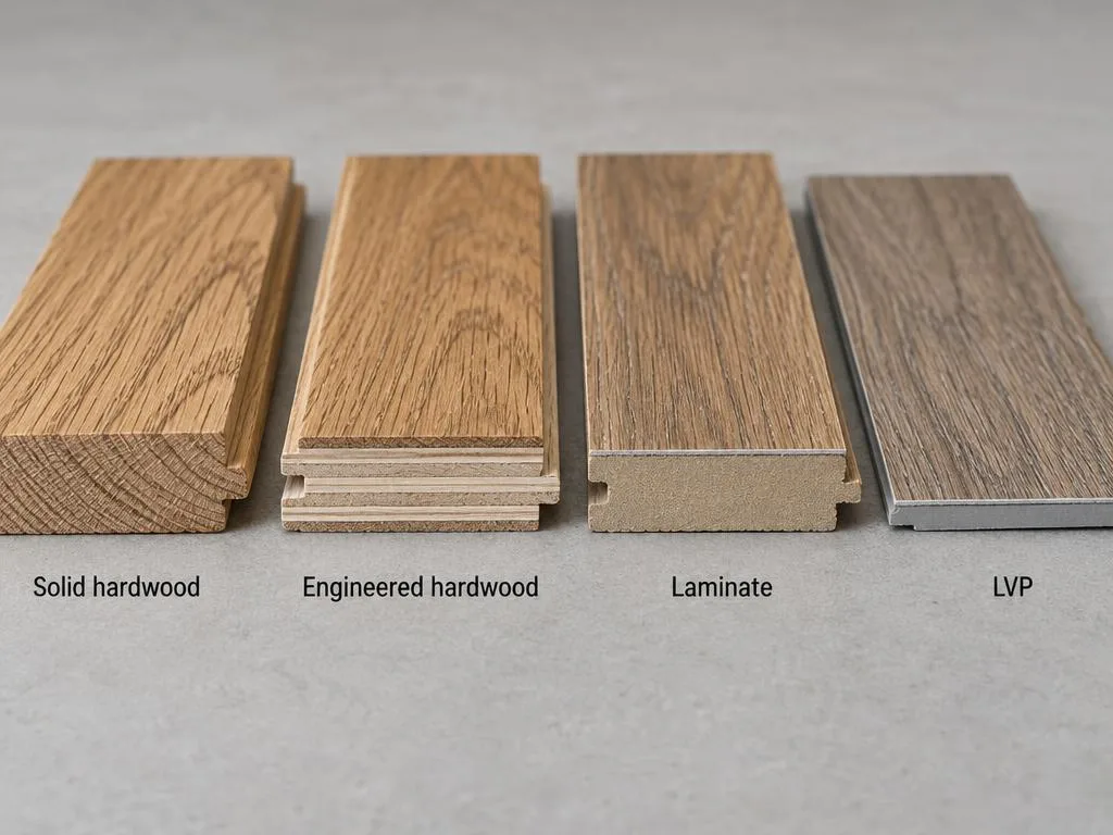 Cross-section comparison of solid hardwood, engineered hardwood, laminate and luxury vinyl plank flooring.