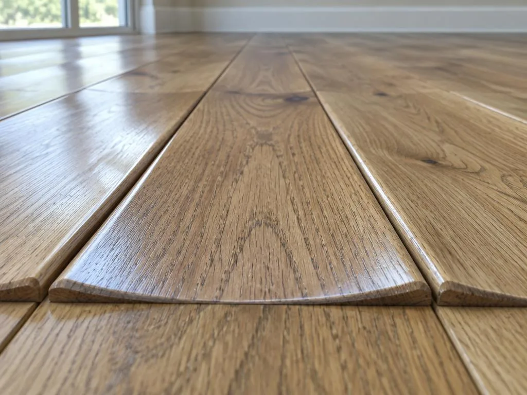 Cupped hardwood flooring with raised plank edges showing moisture-related distortion.