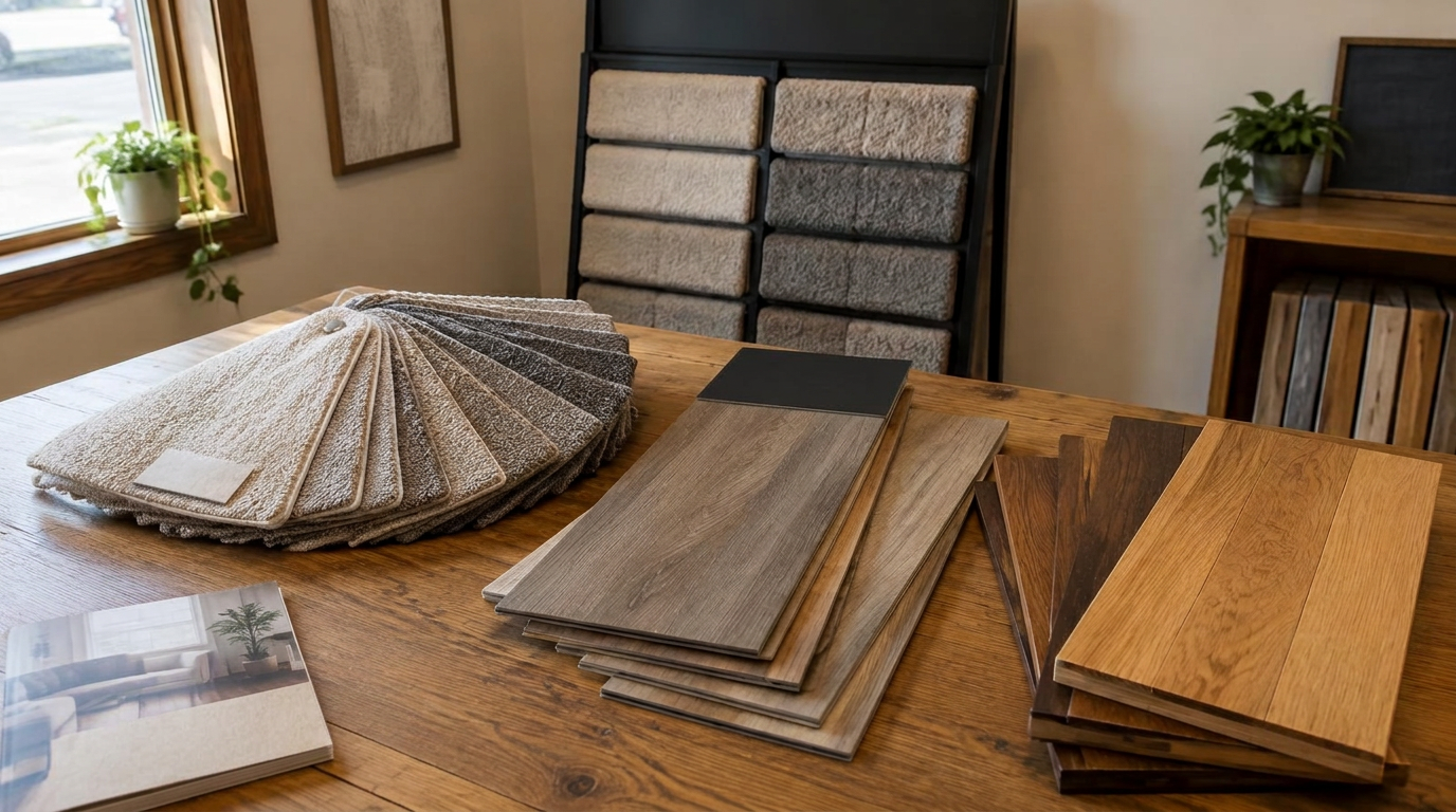Carpet, LVP and hardwood samples on a table