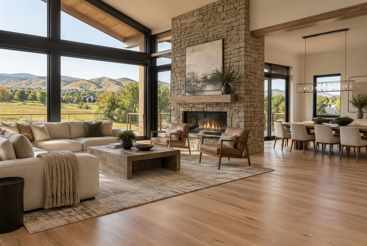 Contemporary Colorado living room with wide-plank wood flooring